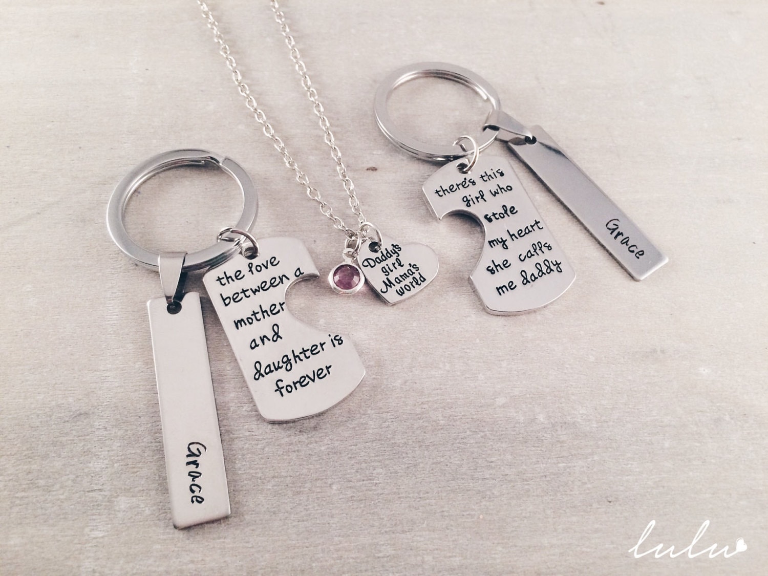 Mom Daddy Daughter Necklace And Keychain Personalized Keychains
