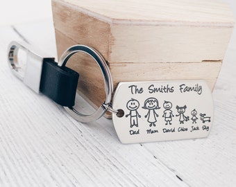 Family Keyring Engraved Personalised Gifts - Custom Family Keepsake for Dad Mum - Family gifts ideas - Characters Family Keychain with names