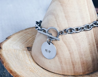 Me Necklace Personalised Pendant - Self Love Motivational Strength Woman Chunky Jewelry - Custom Engraved Toggle Clasp Stainless Steel Chain