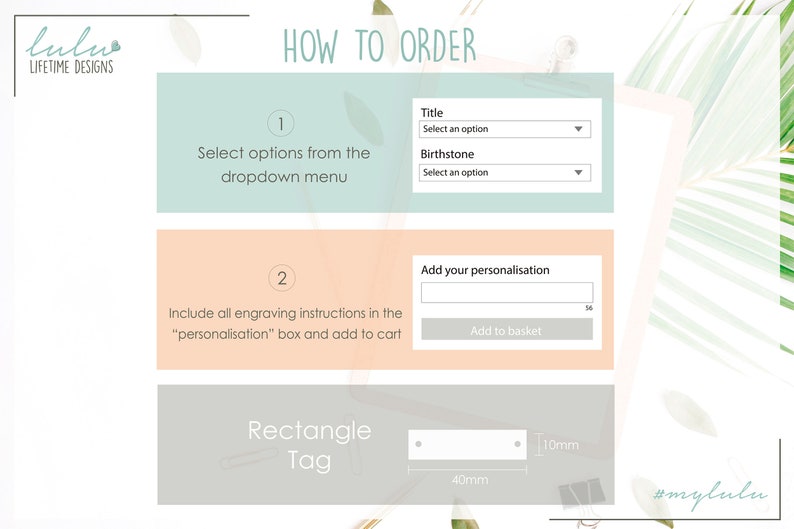 May include: How to order a personalised rectangle tag. Select options from the dropdown menu, add your personalisation, and add to cart. The tag is 40mm wide and 10mm high.