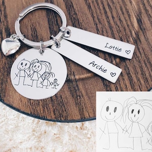 Kid's Art Drawing Keyring - Stainless Steel Engraved Children Artwork Handwriting Personalised Baby Keychain Custom Father Dad Grandpa gift
