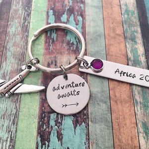 Adventure Awaits Keychain Custom Travel Gift - Graduation Compass Adventure Personalised Keyring - Traveler Plane Wanderlust Keychain Gift