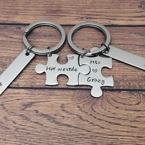 Jigsaw puzzle piece keyring - Couple gift matching set her weirdo his crazy - personalized puzzle set - Valentine&#39;s day gift for her and him