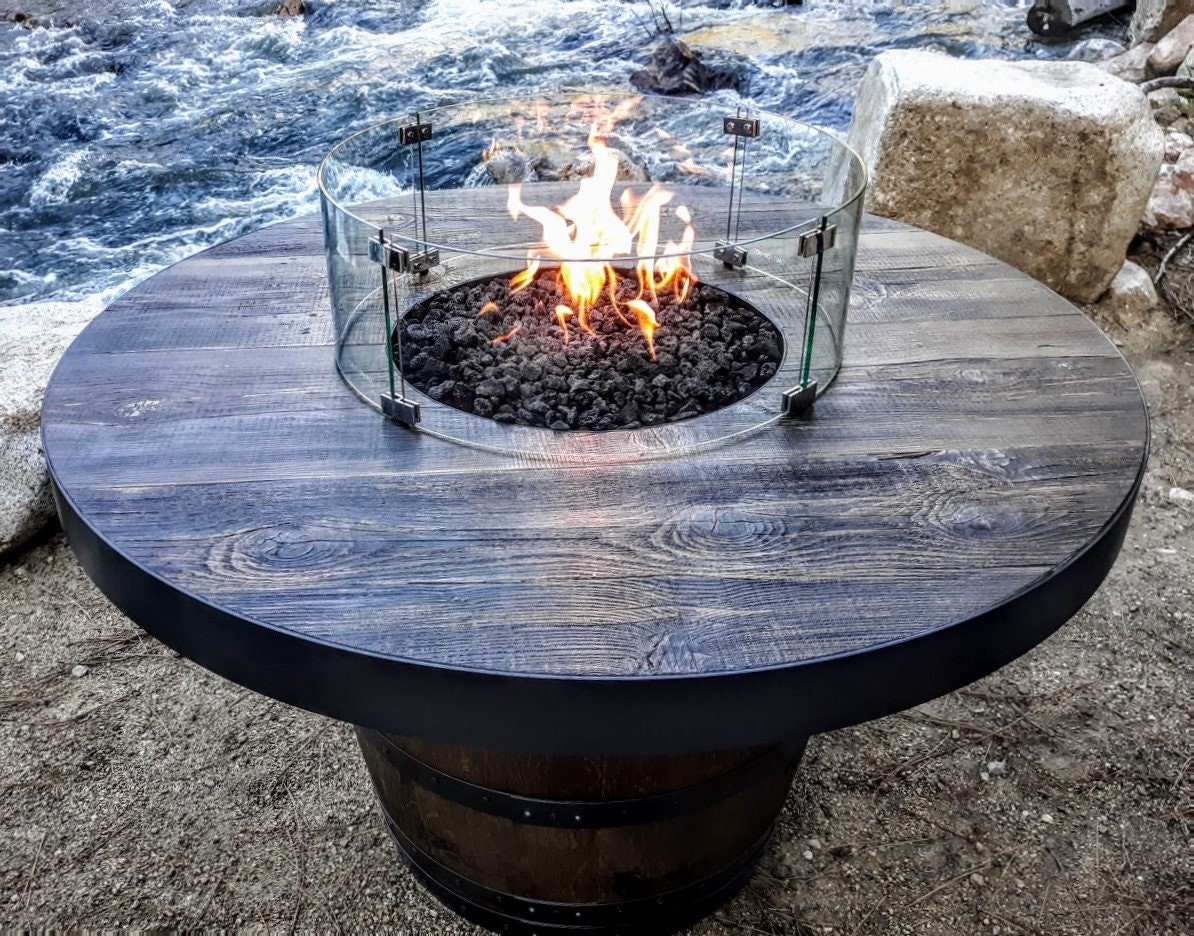 Wine Barrel Fire Table Dining Height Etsy