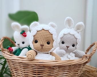 Baby Bear and Bunny in White dress, amigurumi, crochet pattern, pdf.