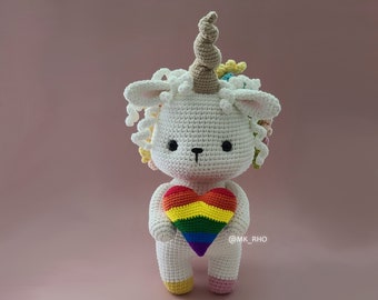 Crochet Baby Unicorn Pattern: Amigurumi Doll with Rainbow Heart (PDF)