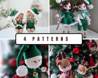 4 Crochet Christmas patterns, santa, reindeer, elf, bear, crochet pattern, Amigurumi Christmas pattern, crochet santa, crochet elf,