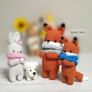 crochet pattern, amigurumi pattern, fox+bunny+puppy set.