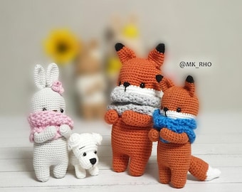 crochet pattern, amigurumi pattern, fox+bunny+puppy set.