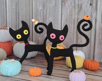かぎ針編みの黒猫あみぐるみのパターン：ハロウィンぬいぐるみ（PDF