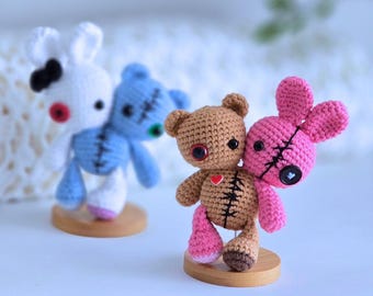 Two headed Halloween bunny and bear, crochet halloween doll, pdf