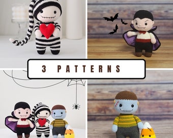 3 pdf crochet pattern, crochet halloween patterns, jack skellington, frankenstein, vampire, amigurumi halloween pattern, amigurumi,