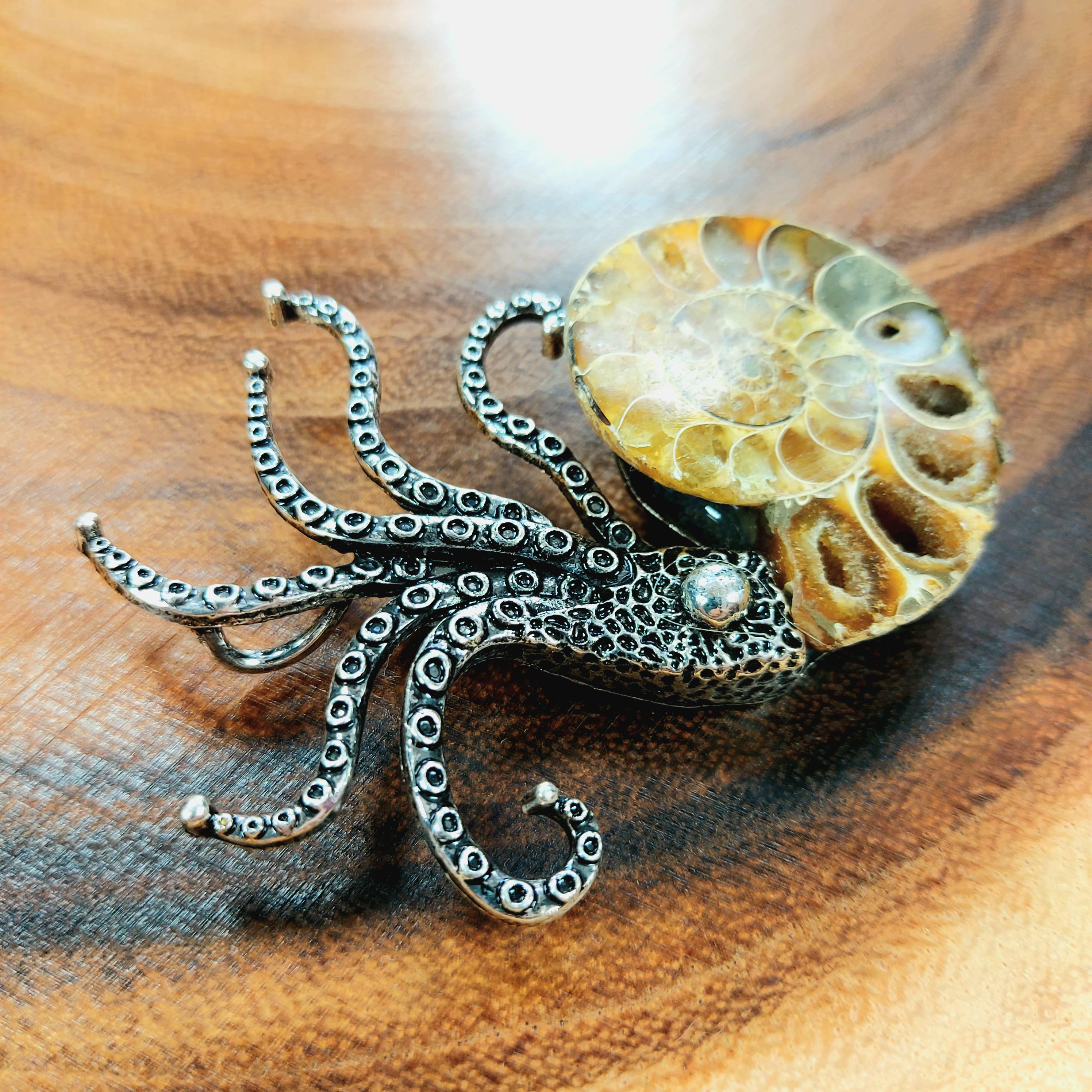 Vintage Octopus Shell Brooch - Natural Fossil & Mother Of Pearl Pendant, Reiki Healing Crystal Pin