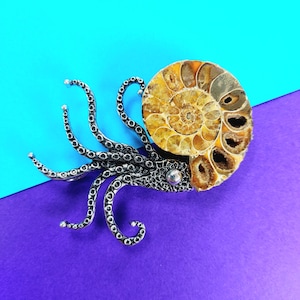 Ammonit Brosche Abzeichen echtes Fossil, Jurassic World Park, Dinosaurier uniquie Geschenk, Weihnachten Weihnachten, lustiger Dino, lustiger Tintenfisch, Tintenfischstein
