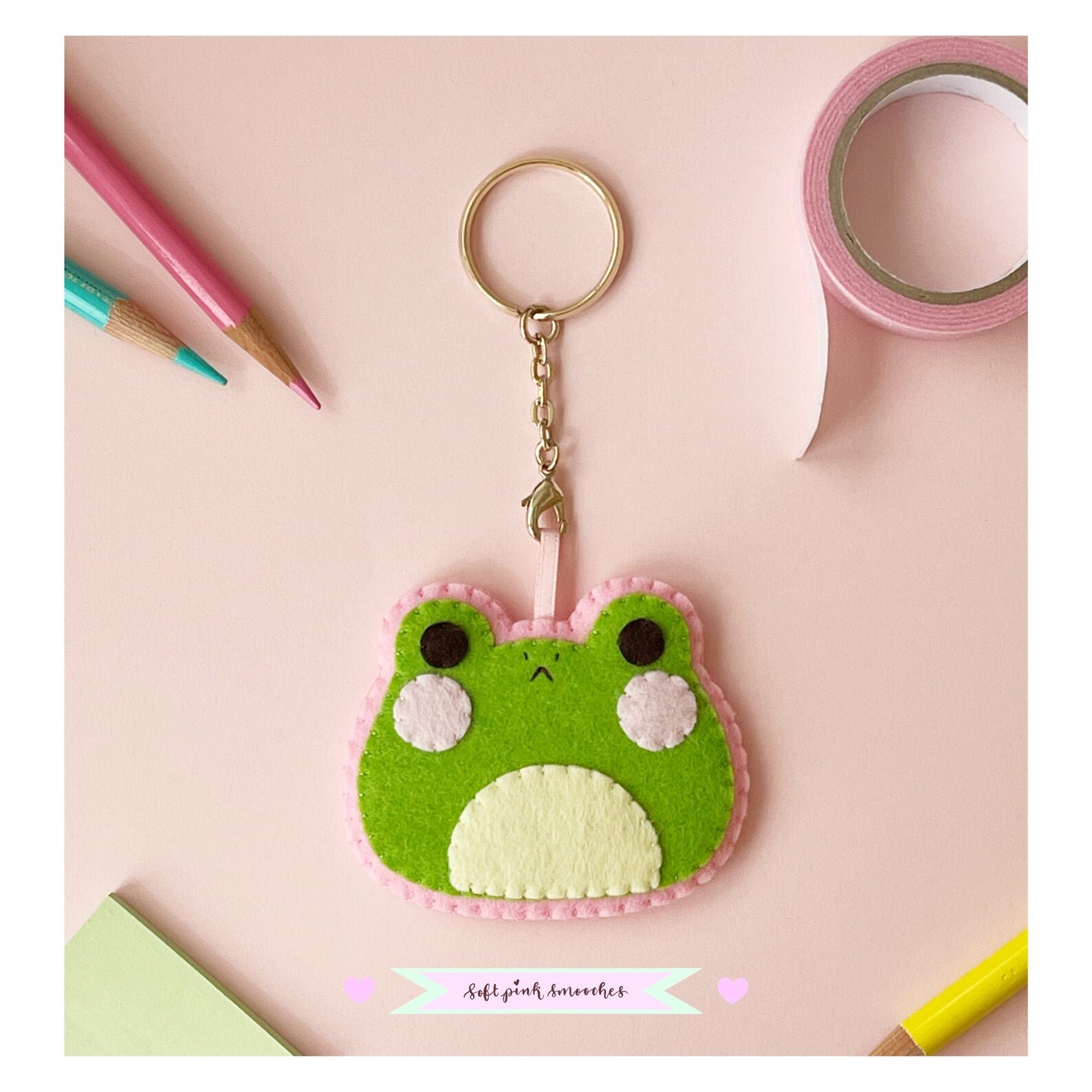 Felt Frog Keychain large Keyring Yellow Green Woolblend Felt Cute Felt