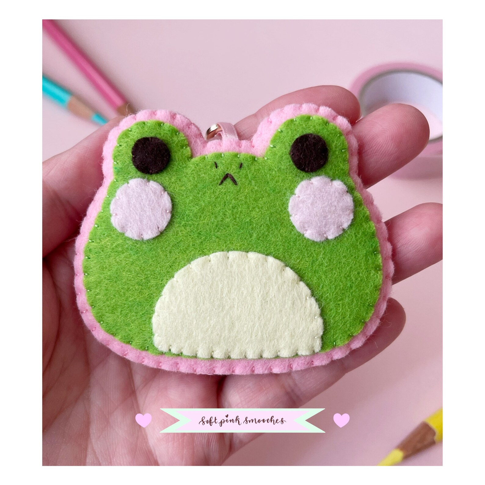 Felt Frog Keychain large Keyring Yellow Green Woolblend Felt Cute Felt