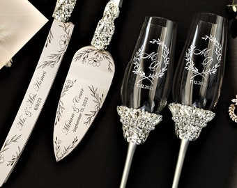 Wedding gifts Champagne flutes and cake server set, Wedding anniversary gift, Ivory Cake cutting set flutes Cake server and knife flutes