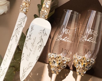 Ivory Gold Wedding glasses and Cake Server Set Wedding Cake Cutting Set Toasting flutes engraved cake server set, wedding gifts for couple