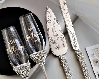 Wedding glasses and Cake Server Set Wedding shower gifts Cake Knife Cutting Set Toasting flutes and cake server set, wedding gifts for bride