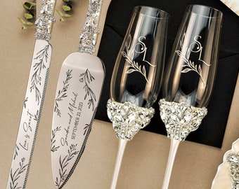 Wedding champagne flutes for Bride and Groom Engraved toasting glasses ivory cake cutting set, 10th Anniversary wedding gifts for couple