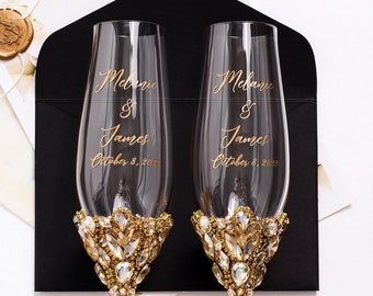 Gold Wedding glasses for bride and groom Cake Server Set Bridal shower gifts Personalized Champagne flutes engraved cake cutting knife set