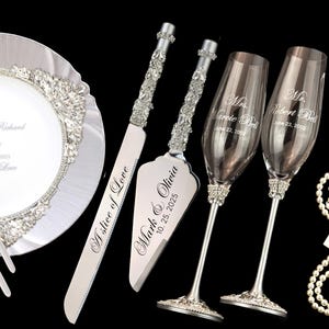 Wedding glasses for bride and groom silver champagne flutes bridal shower gift for couple Engraved cake server knife set personalized cutter