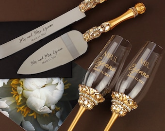 wedding glasses and cake server set Ivory & gold engraved flutes and cake cutter Wedding toast flutes and cake server knife Set of 4