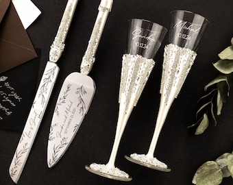 Wedding glasses for bride and groom engraved cake server set Bridal shower gifts 50th Anniversary gifts champagne flutes cake knive server