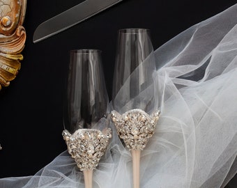 Wedding gifts Champagne flutes and cake server set, Wedding 25th anniversary gifts Cake cutting set with flutes Cake server and knife flutes