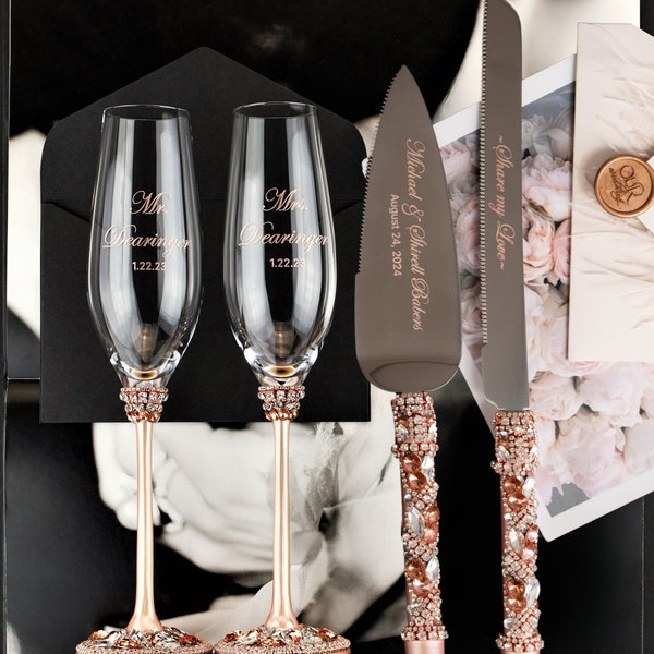 Rose gold Wedding toasting glasses and cake cutting set, champagne flutes and cake set, 25th anniversary wedding registry gift for couple