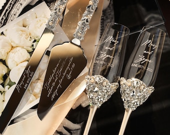 Personalized wedding gifts for couple champagne flutes and cake cutting set, Ivory toasting glasses and cake set, Anniversary wedding gifts
