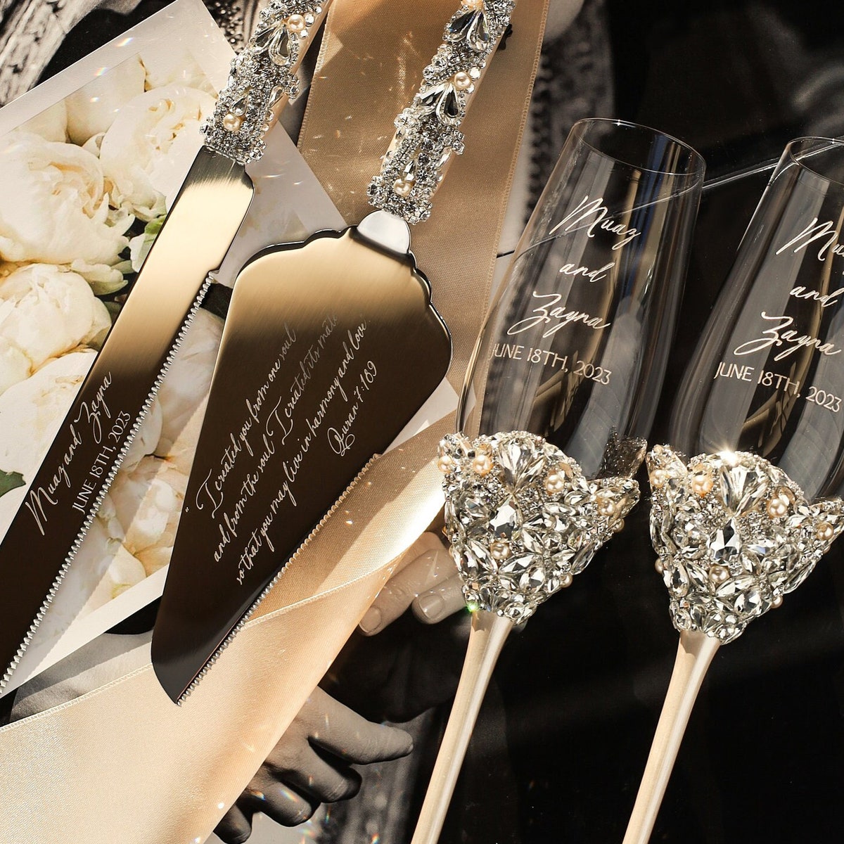 Personalized Wedding Gifts for Couple Champagne Flutes and Cake Cutting Set, Ivory Toasting Glasses and Cake Set, Anniversary Wedding Gifts - Etsy