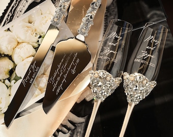 Personalized wedding gift for couple champagne flutes and cake cutting set, Plate, toasting glasses and cake set, Anniversary wedding gift