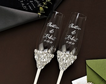 White Wedding champagne flutes for Bride and Groom Toasting glasses