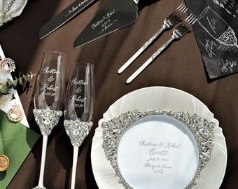White Wedding toasting glasses and cake cutting set, white champagne flutes and cake set, plate forks, anniversary wedding gift for couple