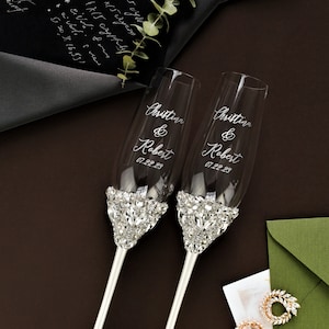 White Wedding champagne flutes for Bride and Groom Toasting glasses