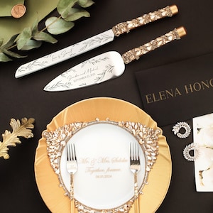 Wedding cake cutting set, plate and forks, cake server and knife, Gold Cake cutting and server