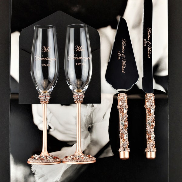 Rose gold Wedding toasting glasses and cake cutting set, champagne flutes and cake set, plate forks, anniversary wedding gift for couple