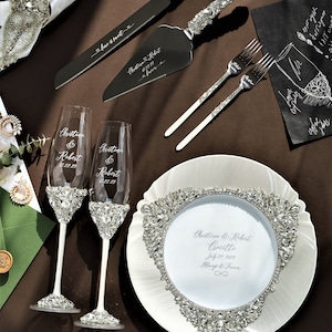 White Wedding toasting glasses and cake cutting set, white champagne flutes and cake set, plate forks, anniversary wedding gift for couple