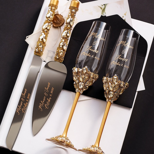 Flauti da sposa personalizzati e set da taglio torte, Incidere flauti champagne e set server torta per sposa e sposo, Anniversario regalo di nozze