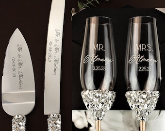 Wedding Champagne flutes and cake server set, Wedding anniversary gift, Toasting glasses Cake server knife set Bridal shower gift for bride
