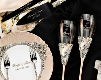 Ivory wedding champagne glasses and Cake server set,wedding gift, Plate and forks toasting flutes Cake cutter glasses dish forks Plate