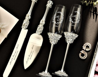 wedding Champagne flutes and cake server set, Wedding anniversary gift, Ivory Cake cutting set flutes Cake server and knife flutes, set of 4