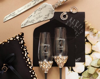 Black wedding champagne glasses for bride and groom 25th Anniversary gifts Engrave cake cutting set Bridal shower gifts Black cake server