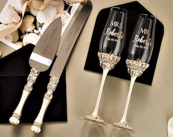 Personalized champagne flutes and cake server set Wedding anniversary gift Engrave toasting glasses and cake cutting set Bridal shower gift