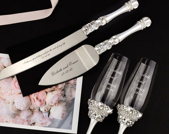 Personalized Wedding champagne flutes and cake server set, gold glasses and Cake Server Set Bride and Groom Bridal shower gift for bride