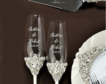 White Wedding champagne flutes and Cake Server Set, Engraved toast flutes bride and groom, set of 4