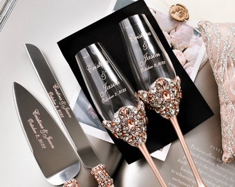 ROSE GOLD Wedding glasses and Cake Server Set , bride and groom wedding anniversary gift Personalized Champagne flutes and cake cutting set