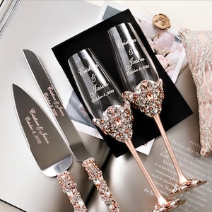 ROSE GOLD Wedding glasses and Cake Server Set , bride and groom wedding anniversary gift Personalized Champagne flutes and cake cutting set image 1