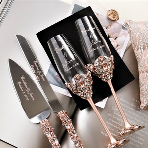 ROSE GOLD Wedding glasses and Cake Server Set , bride and groom wedding anniversary gift Personalized Champagne flutes and cake cutting set image 1